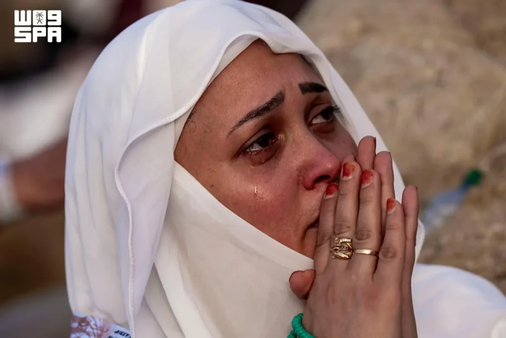 Pilgrims gather at Jabal Al-Rahmah, imploring God in a spiritual atmosphere